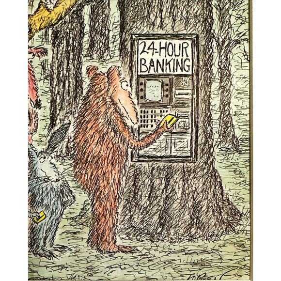 Framed 1990 The New Yorker May 7 Magazine Cover Edward Koren 24 Hr Banking - Picture 2 of 3